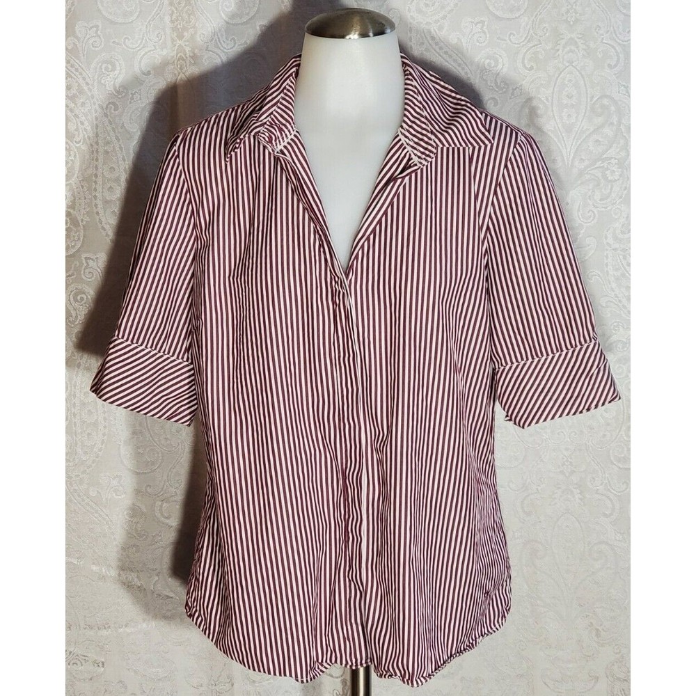 Tommy Hilfiger Red and White Striped Button Down Short Sleeve Shirt Women's L